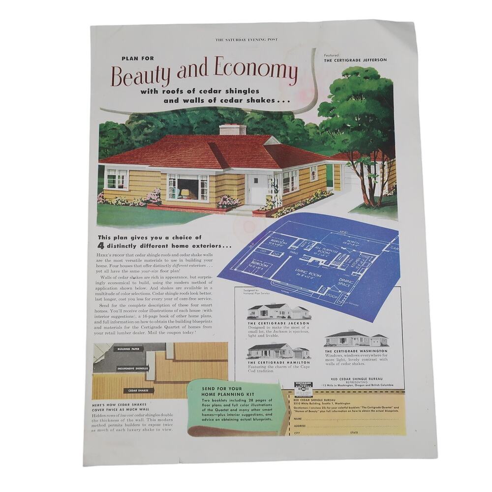 Red Cedar Shingle Bureau Magazine Advertisement 1950 Building Supply Vintage
